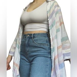 lightweight multicolor striped 3/4 sleeve button-down